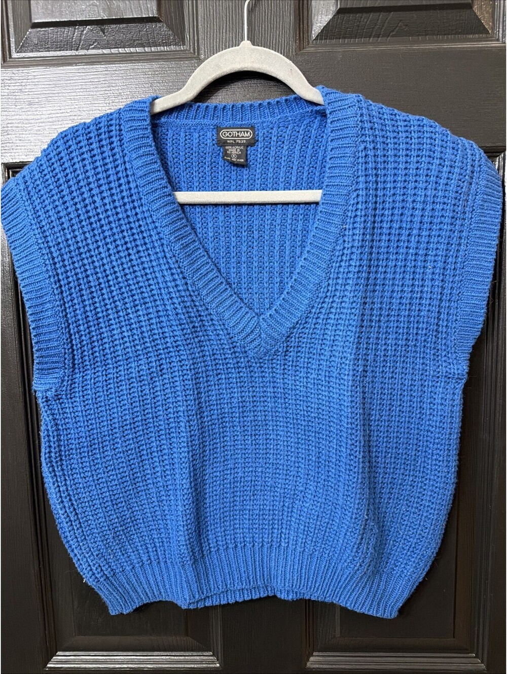 Vintage 1980s  Sleeveless Knit Sweater Vest Blue Women Small Oversized V Neck